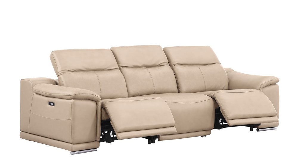 Beige Top Grain Leather Reclining USB Sofa - 107-inch