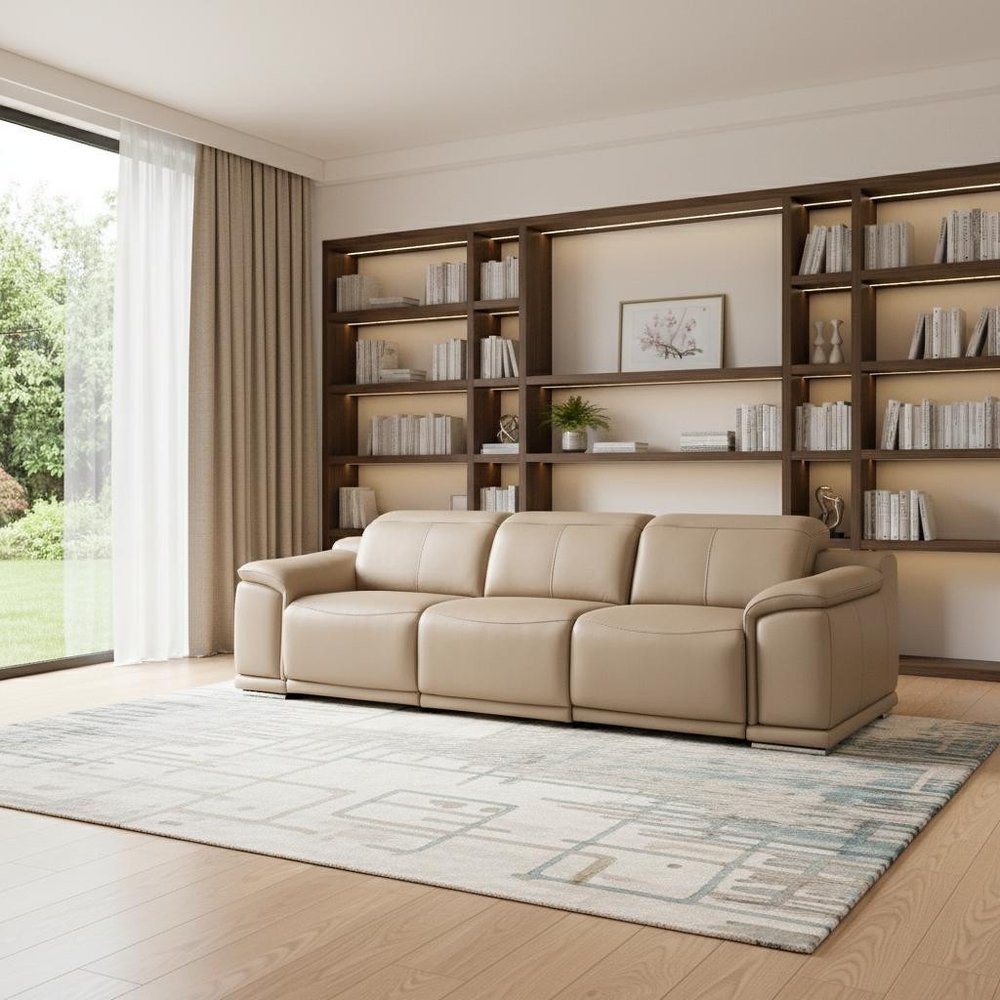 Beige Top Grain Leather Reclining USB Sofa - 107-inch
