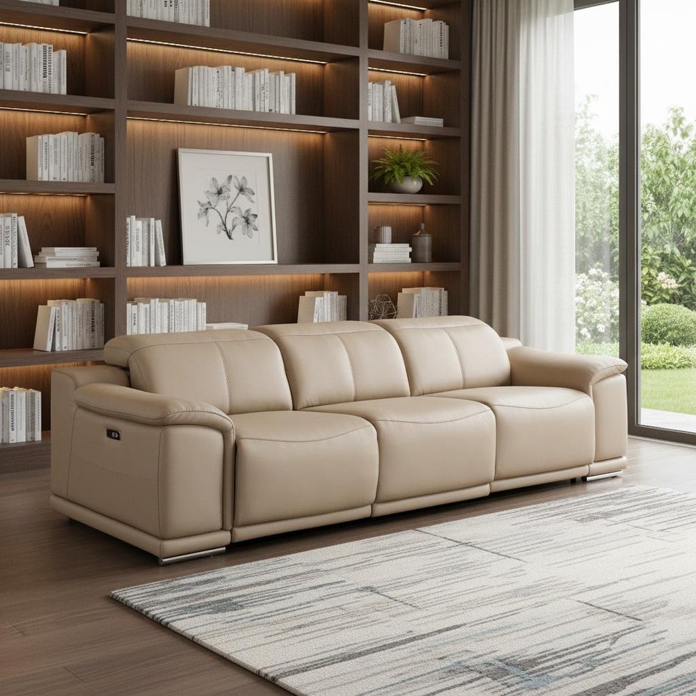 Beige Top Grain Leather Reclining USB Sofa - 107-inch