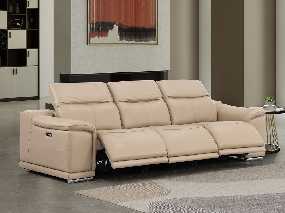 Beige Top Grain Leather Reclining USB Sofa - 107-inch