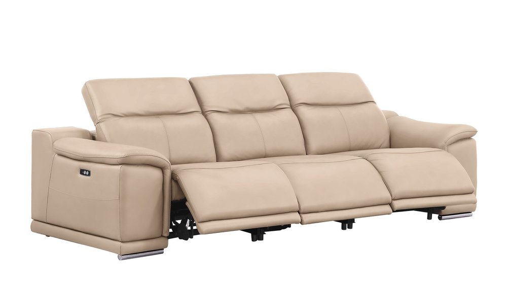 Beige Top Grain Leather Reclining USB Sofa - 107-inch