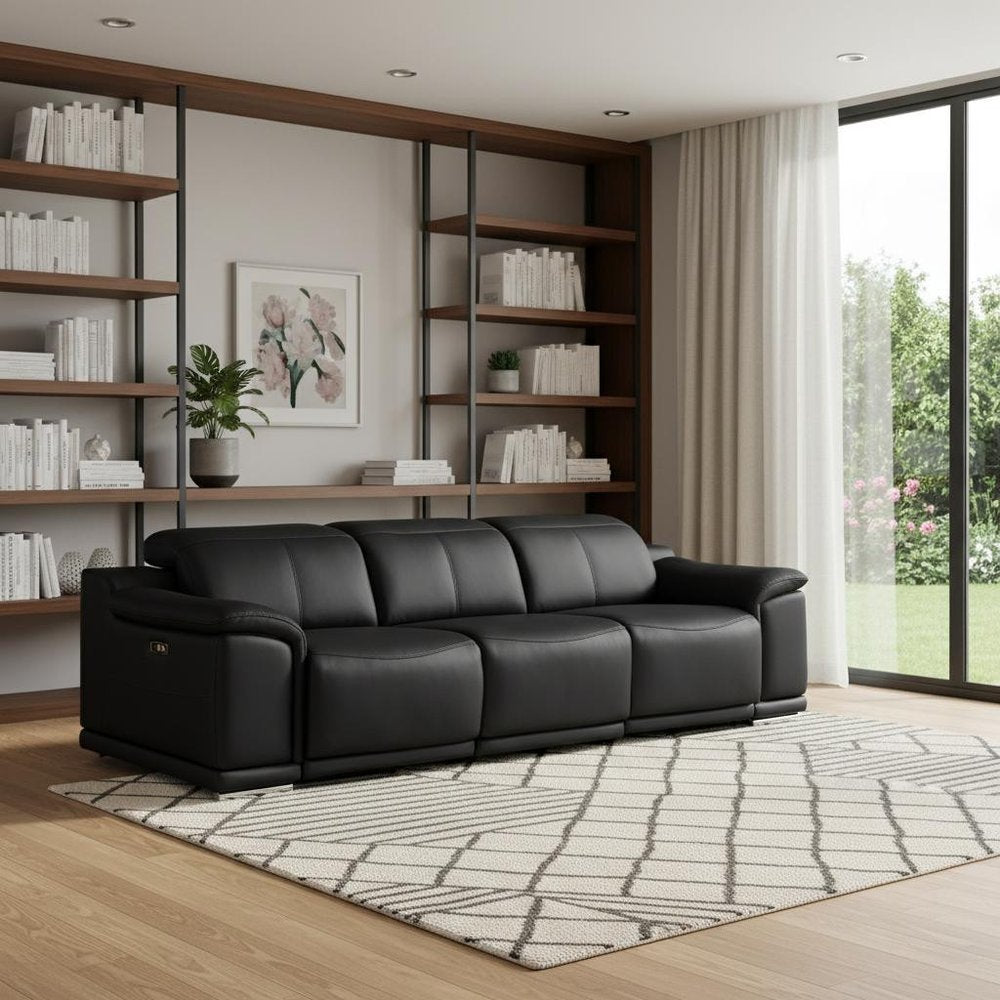 Beige Top Grain Leather Reclining USB Sofa - 107-inch