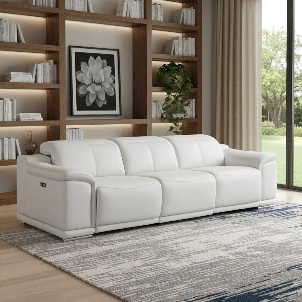 Beige Top Grain Leather Reclining USB Sofa - 107-inch