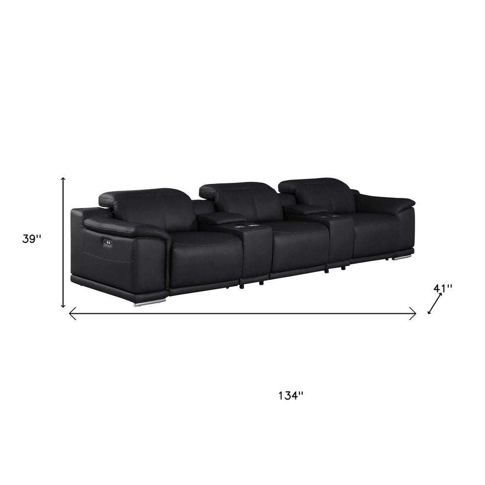 Black Top Grain Leather Reclining USB Sofa and Storage - 134-inch
