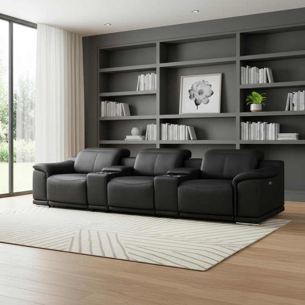 Black Top Grain Leather Reclining USB Sofa and Storage - 134-inch