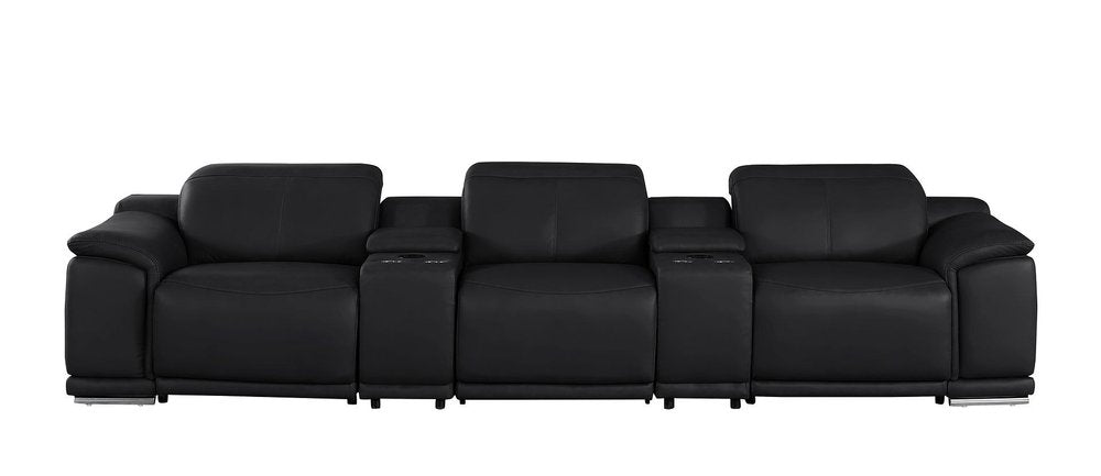 Black Top Grain Leather Reclining USB Sofa and Storage - 134-inch