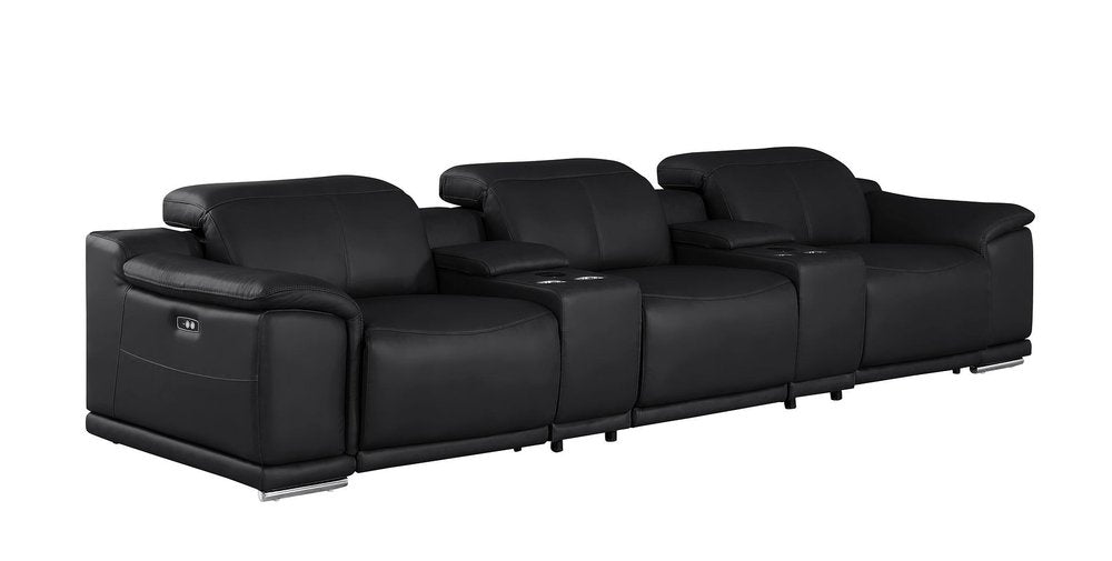 Black Top Grain Leather Reclining USB Sofa and Storage - 134-inch