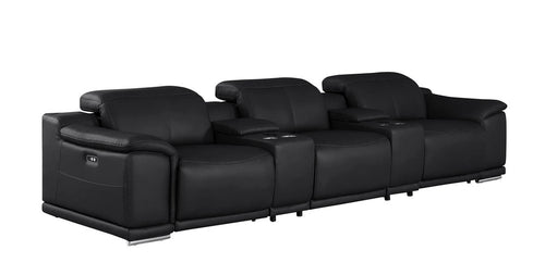 Black Top Grain Leather Reclining USB Sofa and Storage - 134-inch