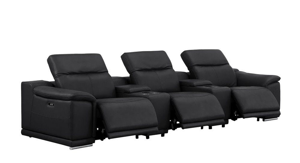 Black Top Grain Leather Reclining USB Sofa and Storage - 134-inch