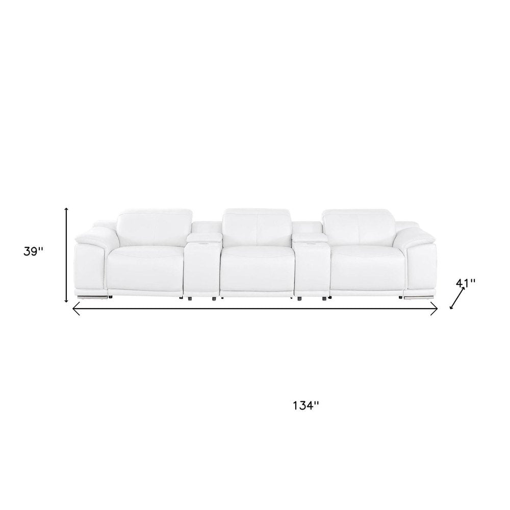 Black Top Grain Leather Reclining USB Sofa and Storage - 134-inch