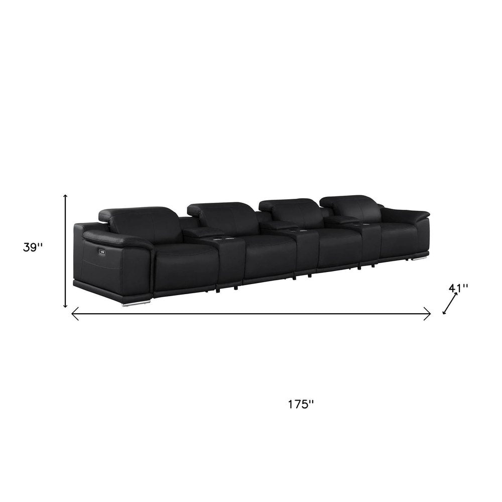Black Top Grain Leather Reclining USB Sofa and Storage - 175-inch