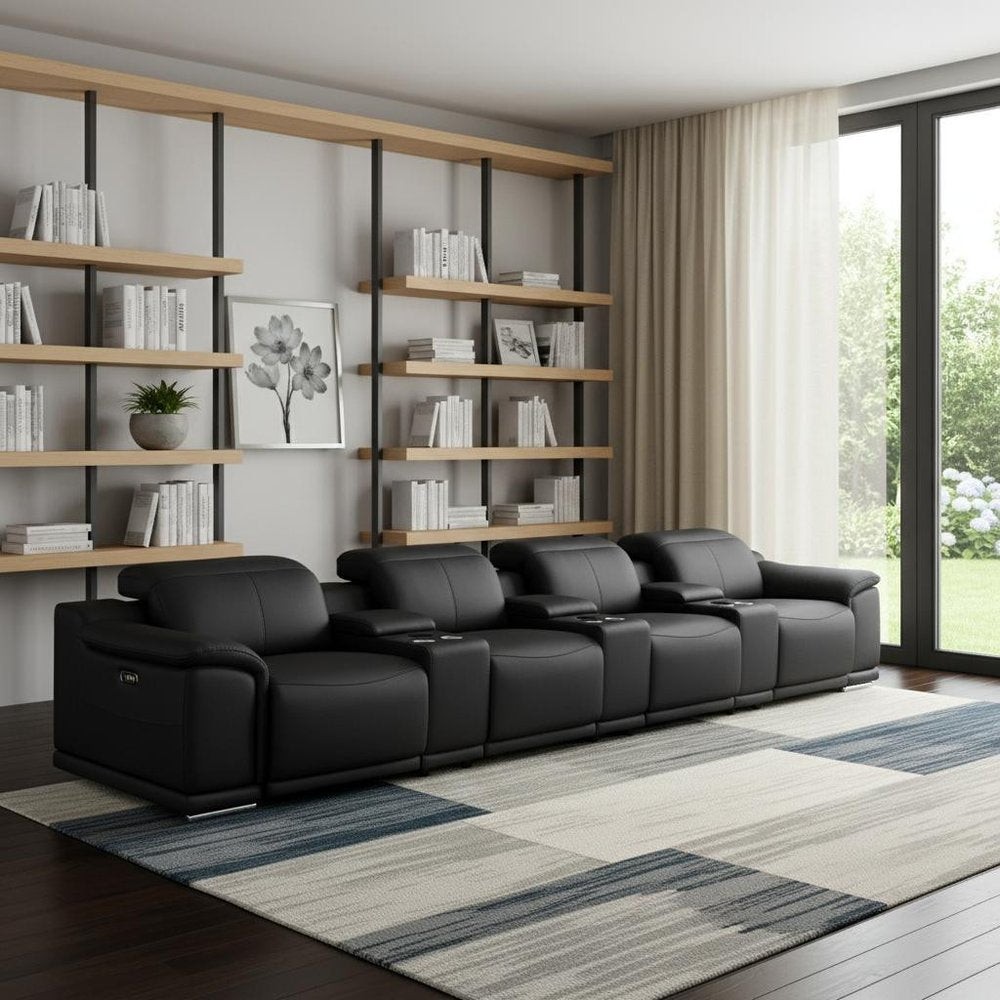 Black Top Grain Leather Reclining USB Sofa and Storage - 175-inch