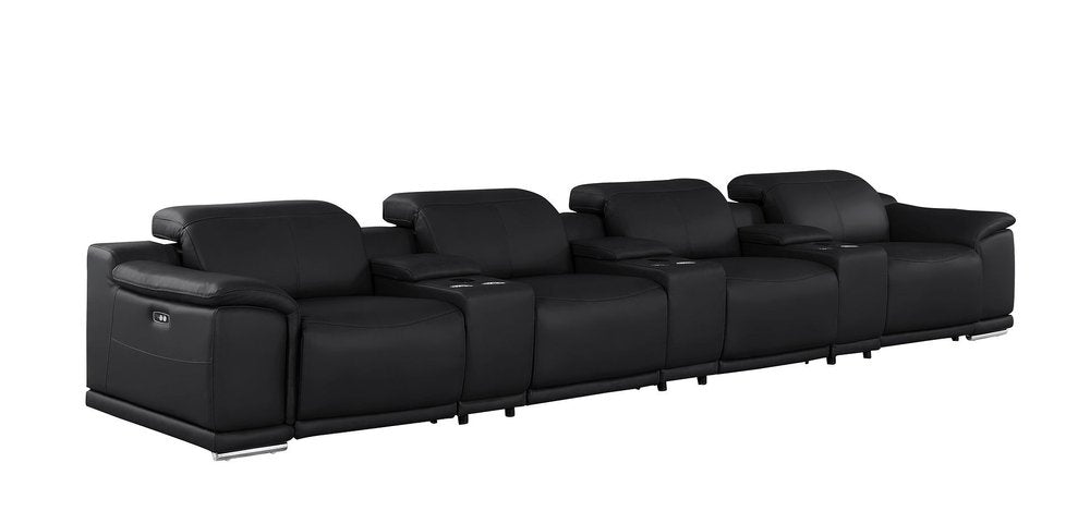 Black Top Grain Leather Reclining USB Sofa and Storage - 175-inch