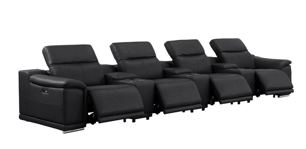 Black Top Grain Leather Reclining USB Sofa and Storage - 175-inch