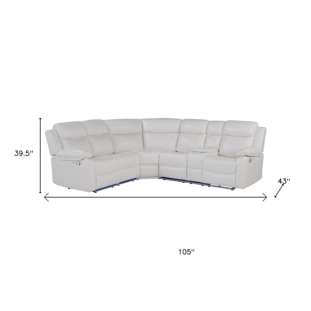 Off White Faux Leather Reclining Curved Six Piece Sectional with LED and Console