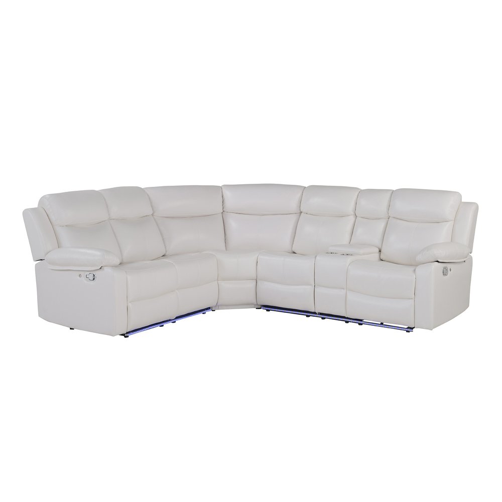 Off White Faux Leather Reclining Curved Six Piece Sectional with LED and Console