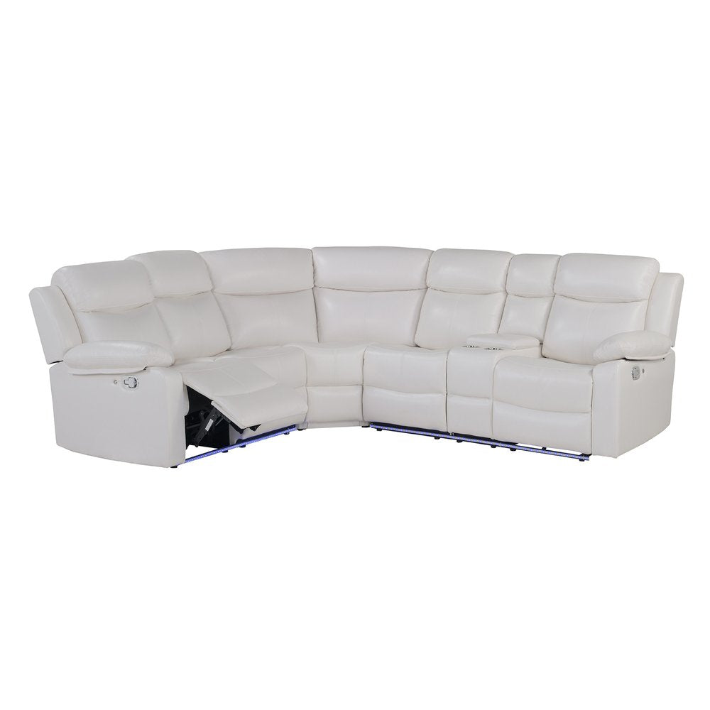 Off White Faux Leather Reclining Curved Six Piece Sectional with LED and Console