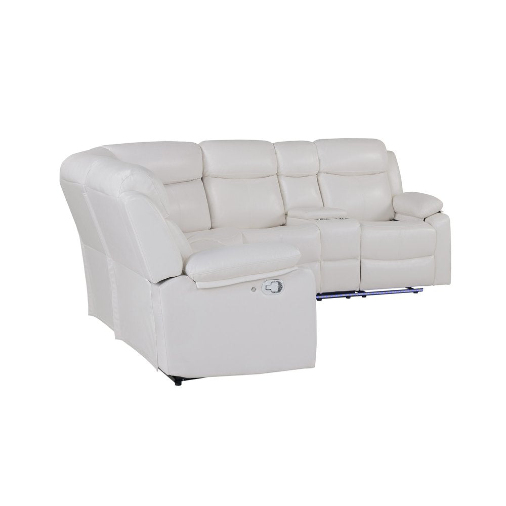 Off White Faux Leather Reclining Curved Six Piece Sectional with LED and Console