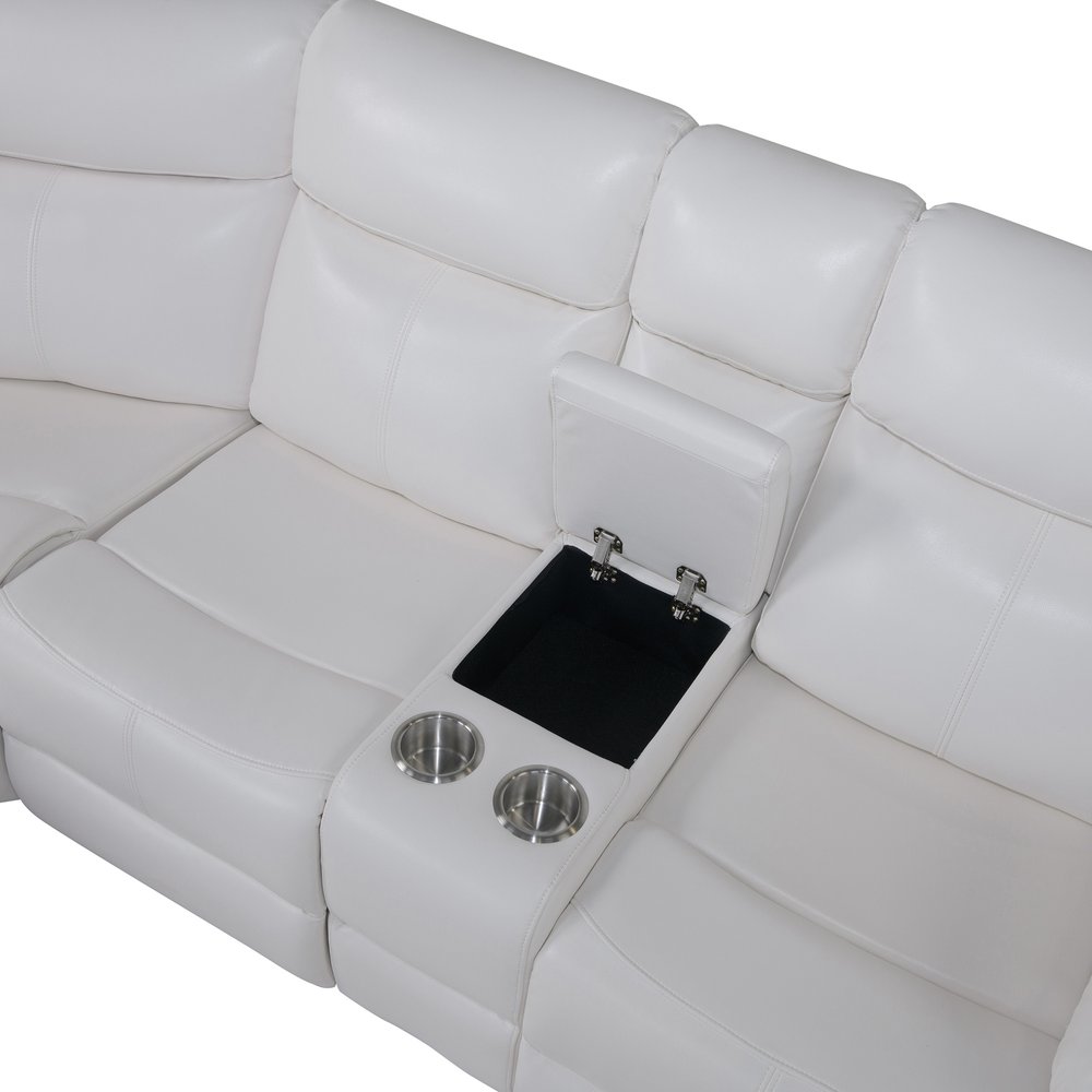Off White Faux Leather Reclining Curved Six Piece Sectional with LED and Console
