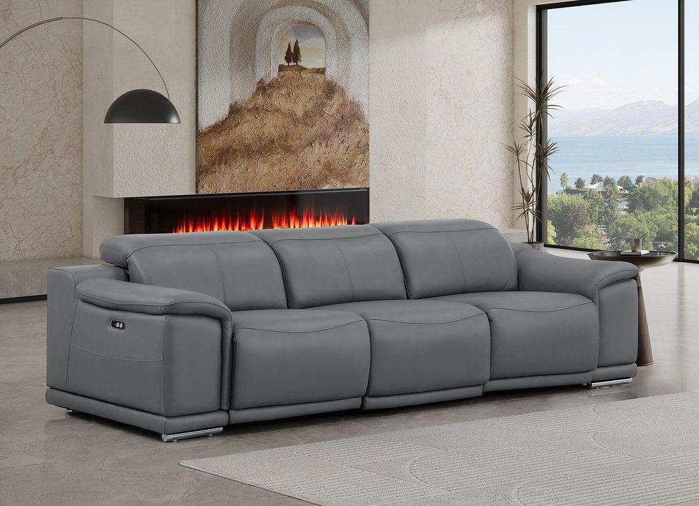 Beige Top Grain Leather Reclining USB Sofa - 107-inch