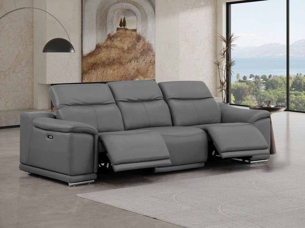 Beige Top Grain Leather Reclining USB Sofa - 107-inch