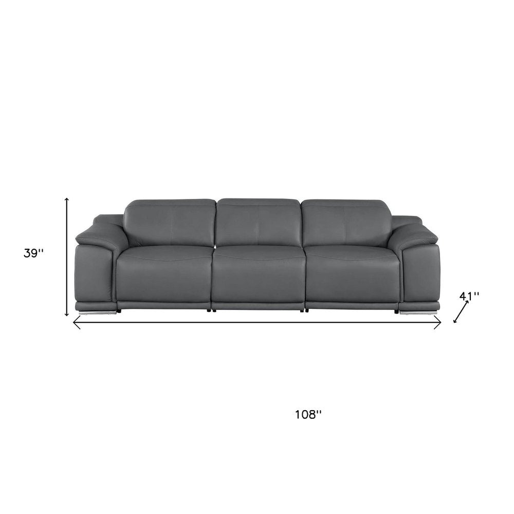 Beige Top Grain Leather Reclining USB Sofa - 107-inch