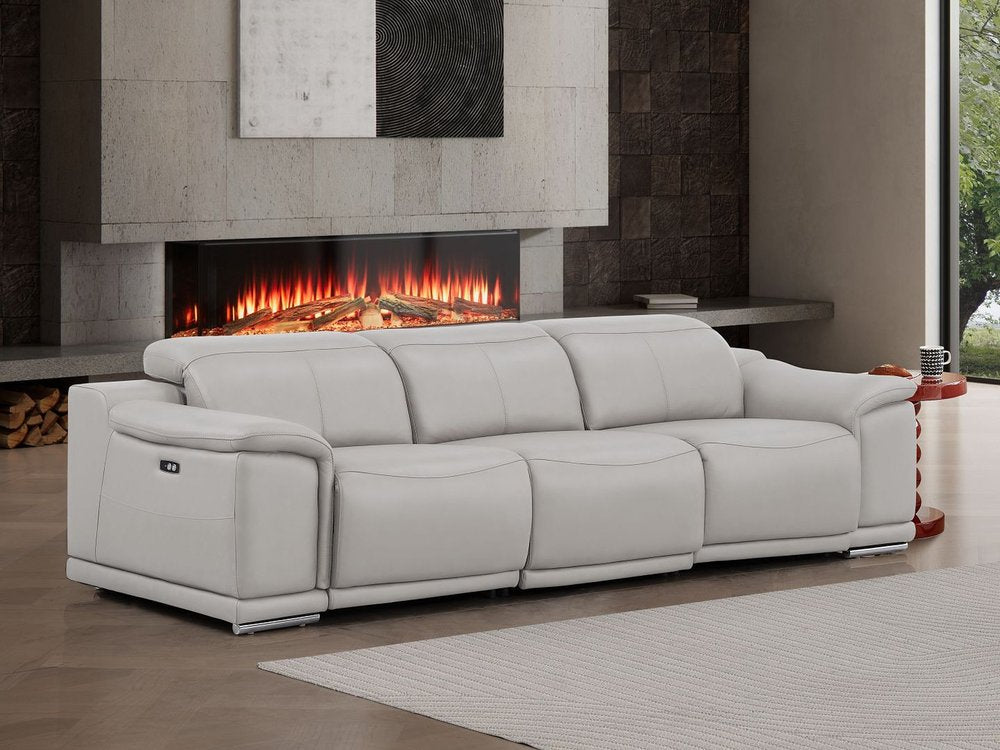 Beige Top Grain Leather Reclining USB Sofa - 107-inch