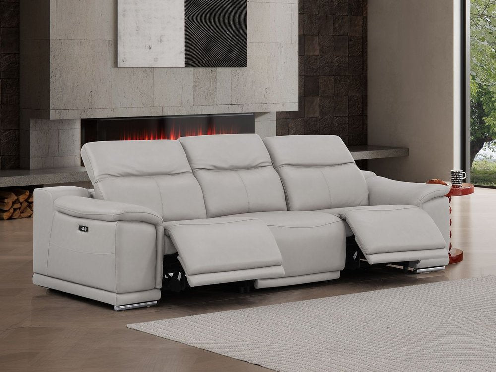 Beige Top Grain Leather Reclining USB Sofa - 107-inch