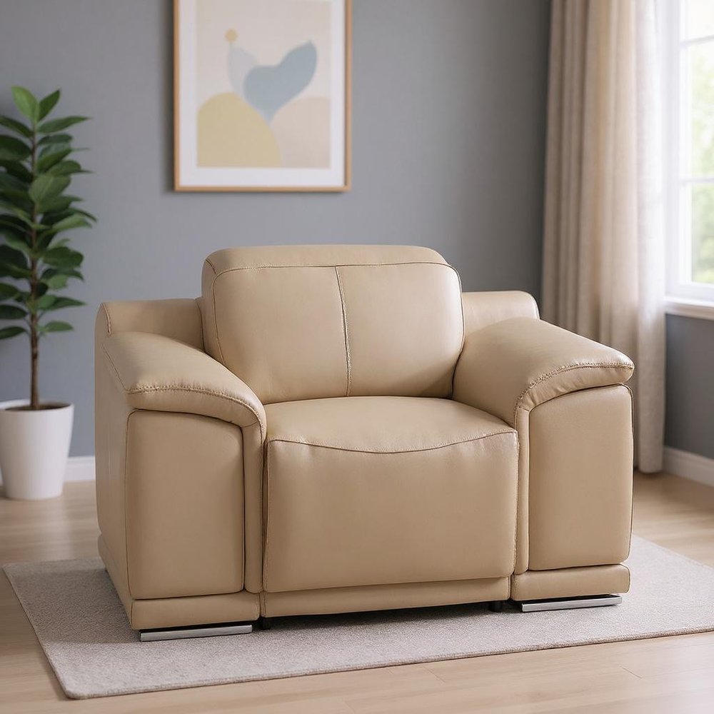 Beige Genuine Leather Wall Hugger Power Recliner with USB - 39-inch
