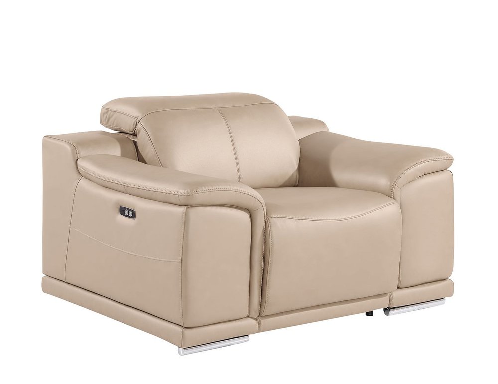 Beige Genuine Leather Wall Hugger Power Recliner with USB - 39-inch
