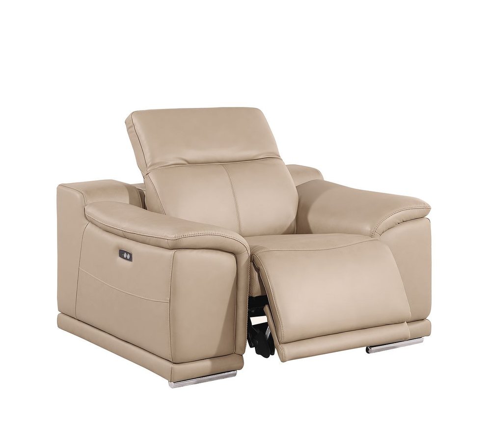 Beige Genuine Leather Wall Hugger Power Recliner with USB - 39-inch