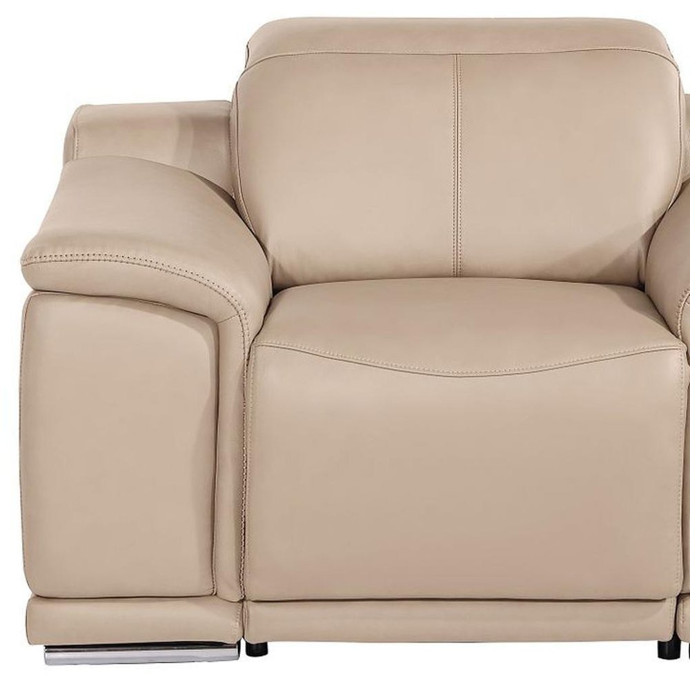 Beige Genuine Leather Wall Hugger Power Recliner with USB - 39-inch