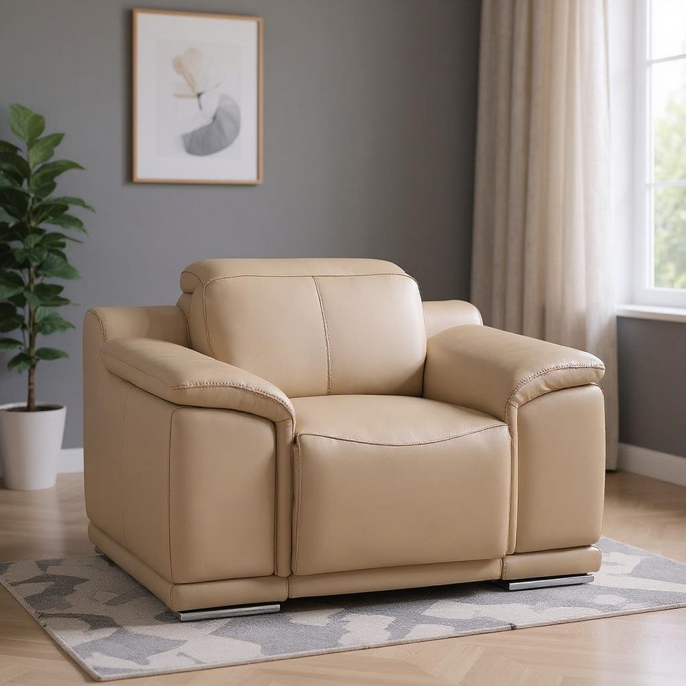 Beige Genuine Leather Wall Hugger Power Recliner with USB - 39-inch