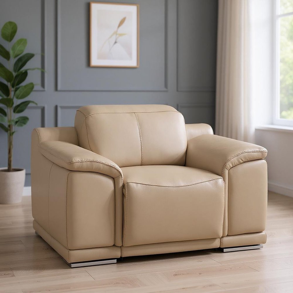 Beige Genuine Leather Wall Hugger Power Recliner with USB - 39-inch