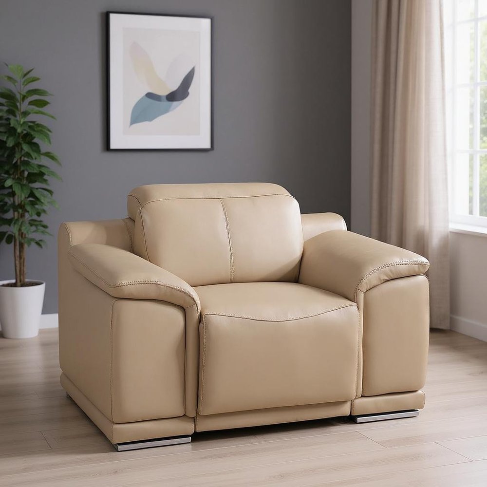 Beige Genuine Leather Wall Hugger Power Recliner with USB - 39-inch