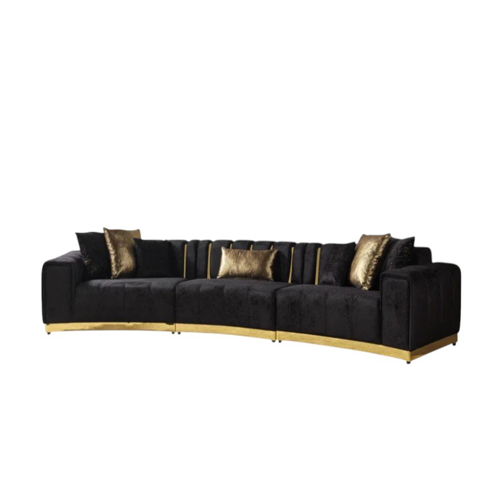 Black Velvet Curved Three Piece Sectional with Toss Pillows