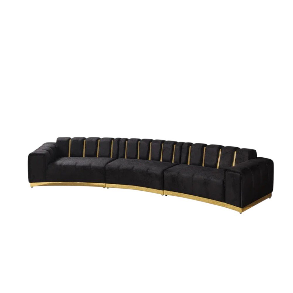Black Velvet Curved Three Piece Sectional with Toss Pillows