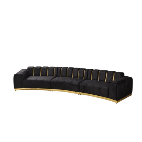 Black Velvet Curved Three Piece Sectional with Toss Pillows