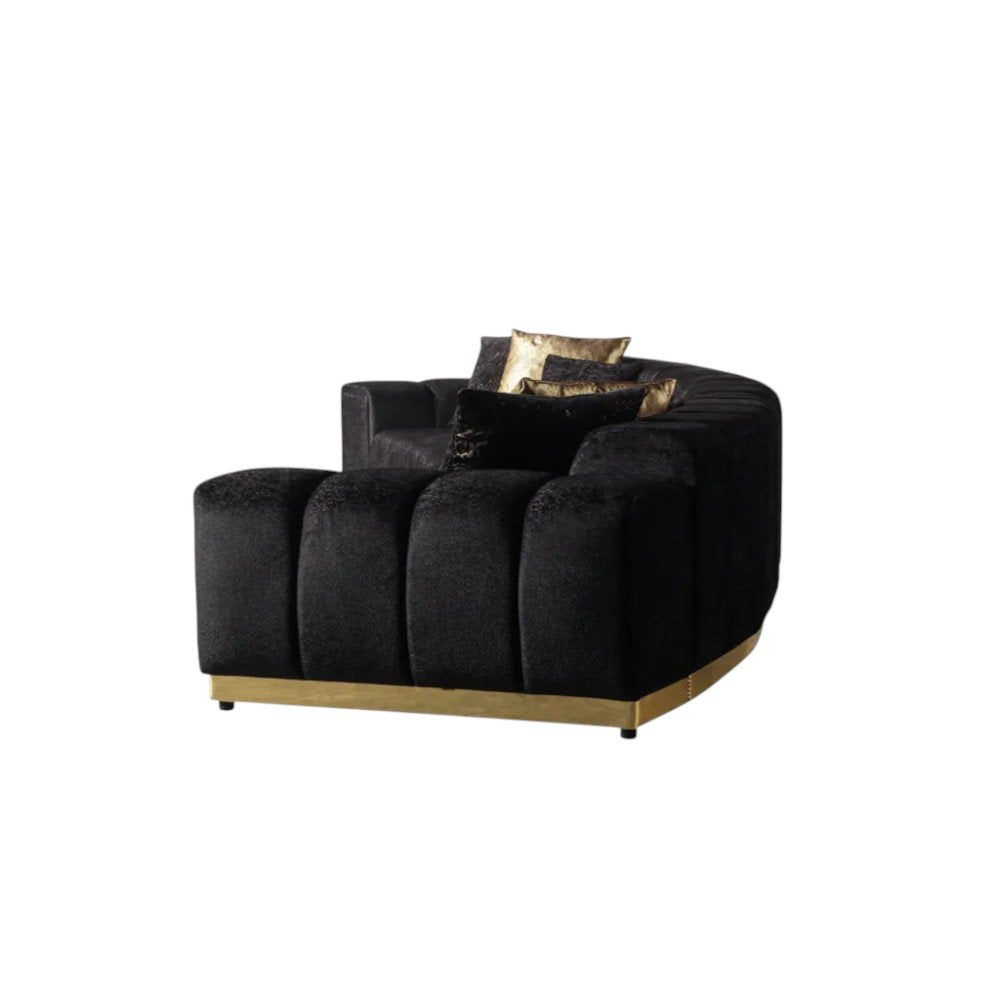 Black Velvet Curved Three Piece Sectional with Toss Pillows