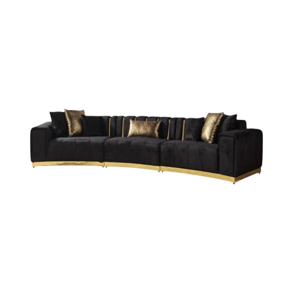 Black Velvet Curved Three Piece Sectional with Toss Pillows