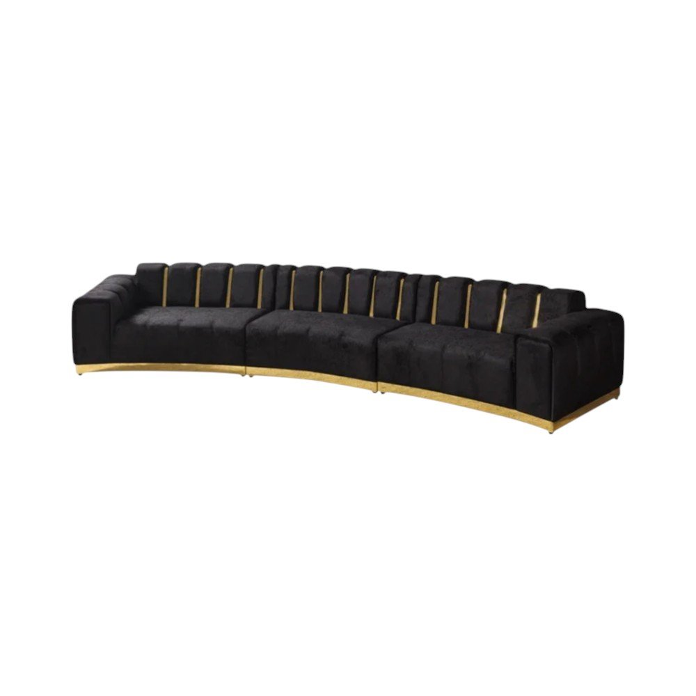 Black Velvet Curved Three Piece Sectional with Toss Pillows