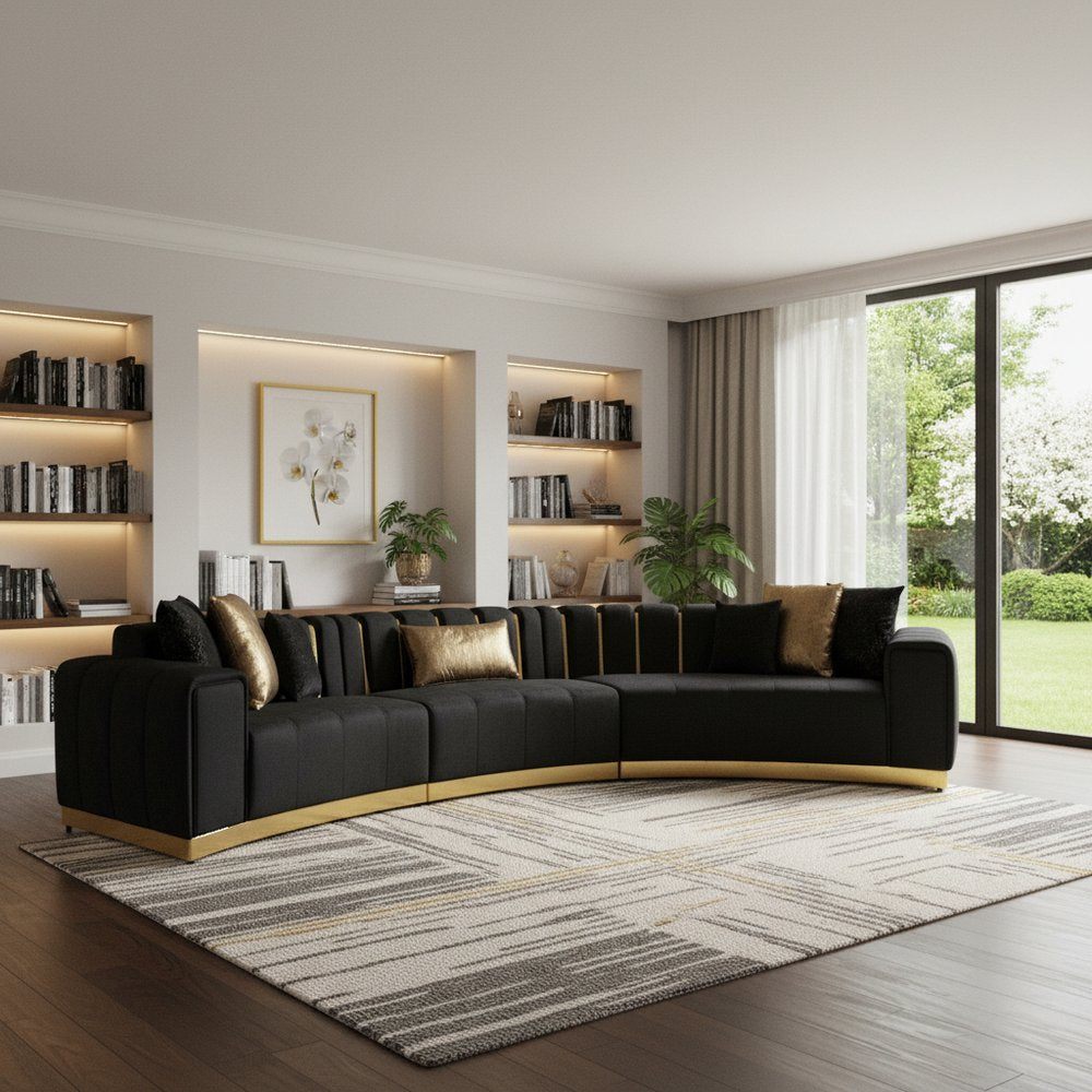 Black Velvet Curved Three Piece Sectional with Toss Pillows