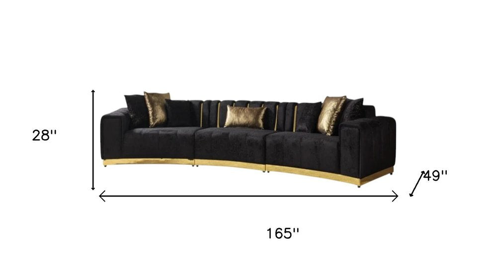 Black Velvet Curved Three Piece Sectional with Toss Pillows