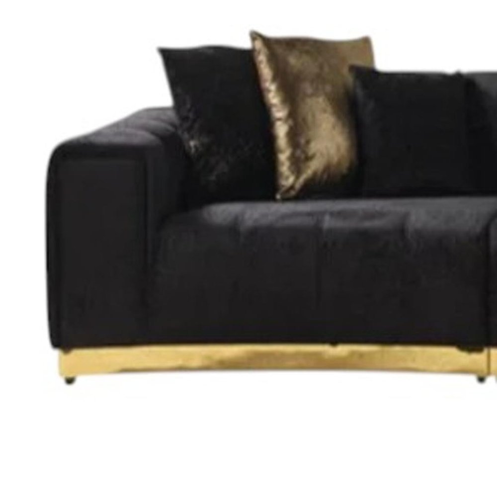 Black Velvet Curved Three Piece Sectional with Toss Pillows