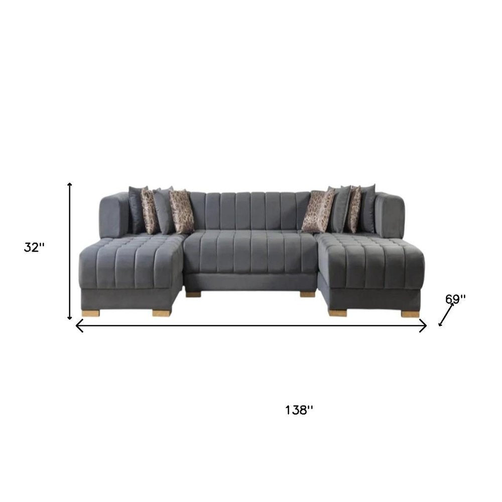 Gray Velvet U Shaped Three Piece Sofa and Chaise Sectional with Toss Pillows