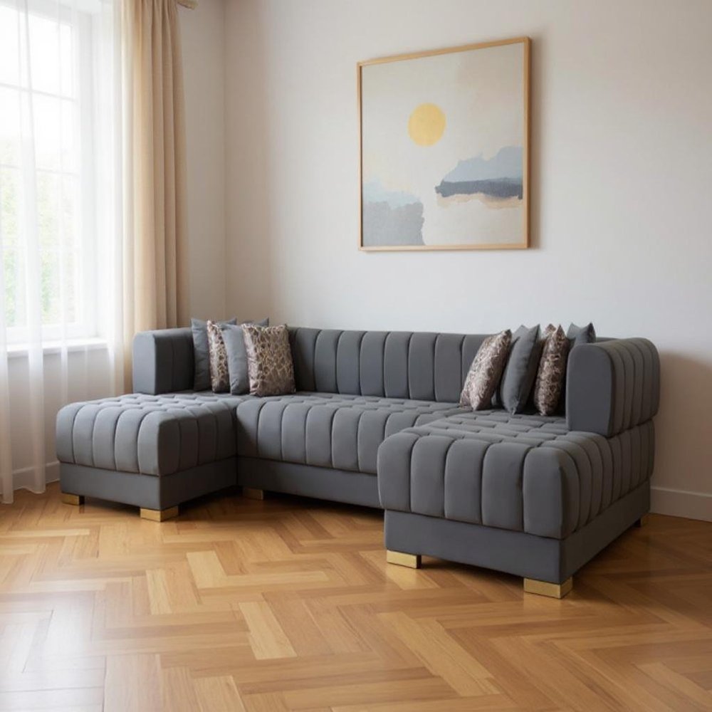 Gray Velvet U Shaped Three Piece Sofa and Chaise Sectional with Toss Pillows