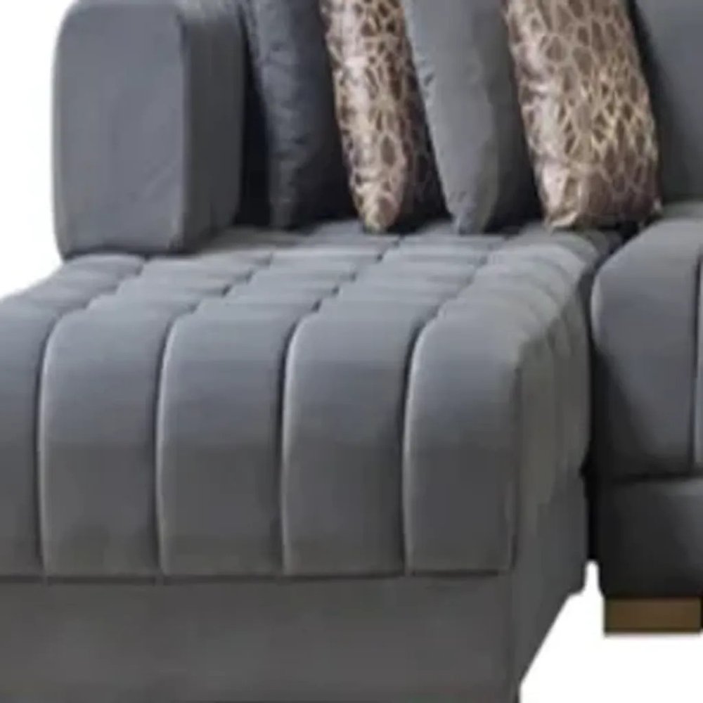 Gray Velvet U Shaped Three Piece Sofa and Chaise Sectional with Toss Pillows