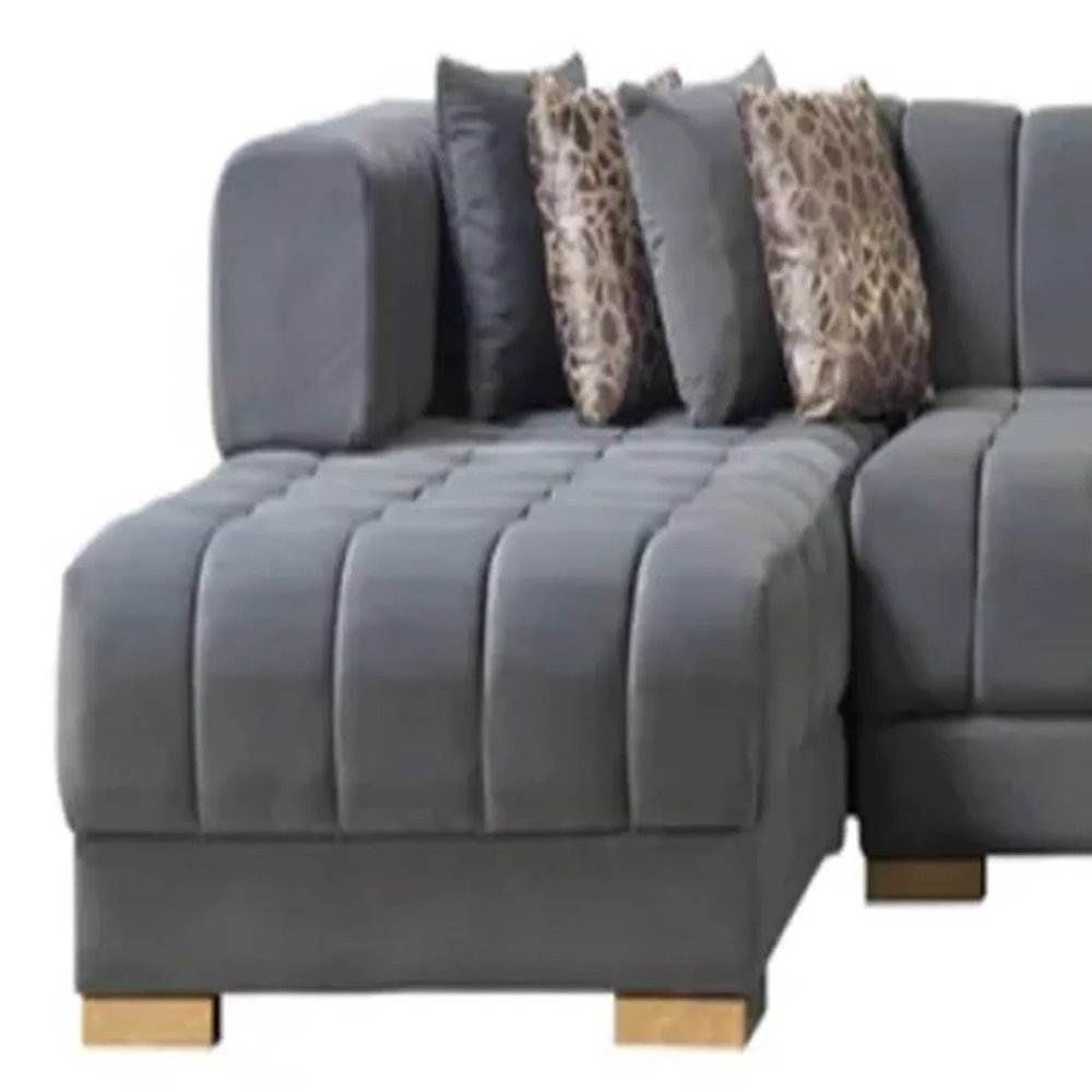 Gray Velvet U Shaped Three Piece Sofa and Chaise Sectional with Toss Pillows
