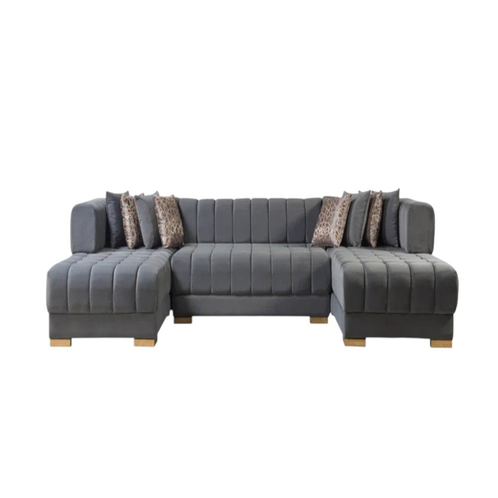 Gray Velvet U Shaped Three Piece Sofa and Chaise Sectional with Toss Pillows