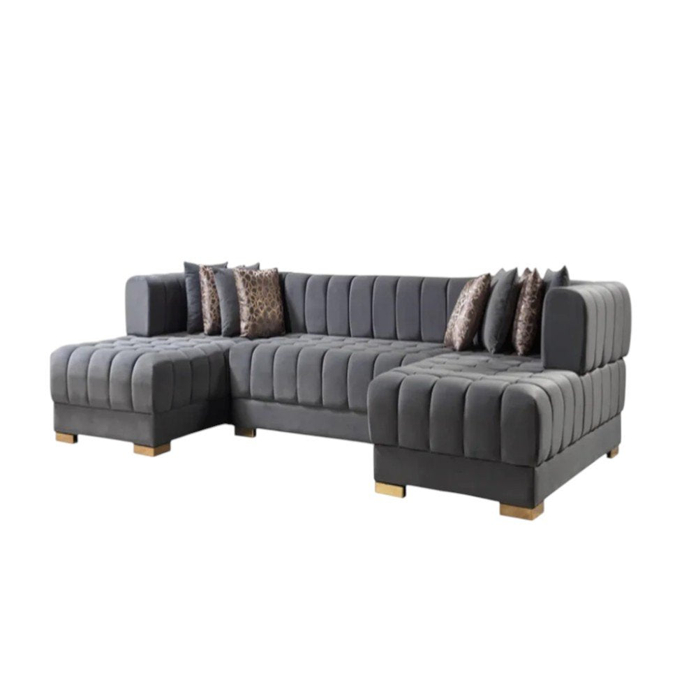 Gray Velvet U Shaped Three Piece Sofa and Chaise Sectional with Toss Pillows